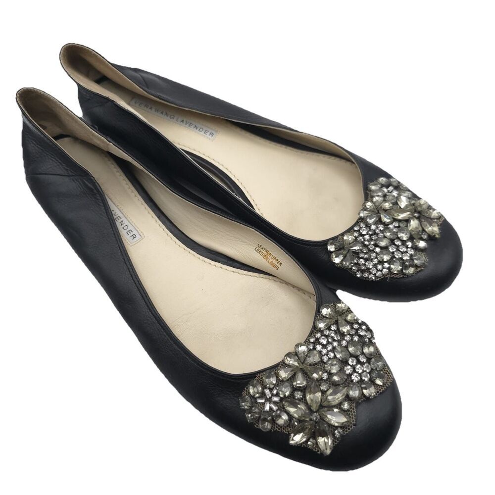 VERA WANG LAVENDER Women’s 9M Black Calf Leather Rhinestone Embellishment Flats
